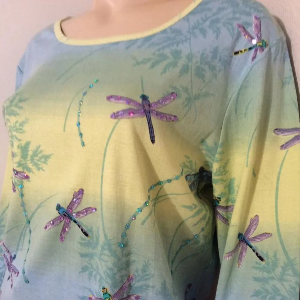 NWOT Dragonfly print 100% cotton top long sleeves pastels sequins Women Size XL - Picture 3 of 7